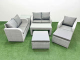 Fimous High Back Poly Rattan Garden Furniture Set with Reclining Chair Loveseat Sofa Oblong Coffee Table Indoor Outdoor Patio  Set 2 Big Stool Side Table Light Grey