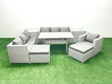 Fimous 9 Pieces Outdoor Rattan Sofa Set with Cushions Patio Garden Furniture Sets with Armchair Dining Table 2 Side Tables 2 Big Footstools