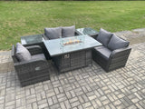 Fimous Rattan Garden Furniture Set with Gas Fire Pit Dining Table,2 Side Tables Indoor Outdoor 6 piece Love Sofa set