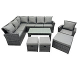 Fimous 10 Seat Poly Rattan Outdoor Patio Oblong Coffee Table Corner Sofa Sets with 3 Stool Chair for Garden Backyard Dark Grey Mixed