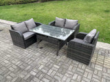 Fimous Dark Grey PE Wicker Rattan Garden Furniture Set Reclining Chair Love Sofa 2 Seater Sofa Set Outdoor Rectangular Dining Table 5 Seater