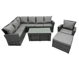 Fimous 10 Seat Poly Rattan Outdoor Patio Oblong Coffee Table Corner Sofa Sets with 3 Stool Chair for Garden Backyard Dark Grey Mixed