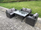 Fimous Dark Grey PE Wicker Rattan Garden Furniture Set Reclining Chair Love Sofa 2 Seater Sofa Set Outdoor Rectangular Dining Table 5 Seater