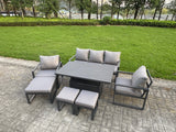 Fimous Aluminium Garden Furniture Sets 8 Seater Outdoor Sofa Set with Adjustable Rising Lifting Dining Table 2 Chairs 3 Footstools