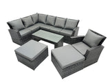 Fimous 9 Seat Poly Rattan Outdoor Patio Oblong Coffee Table Corner Sofa Set with 2 Big Stool Chair for Garden Backyard Dark Grey Mixed