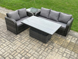 Fimous Outdoor Rattan Garden Furniture Sets Height Adjustable Rising lifting Dining Table Lounge Sofa Set With Side Table Dark Grey Mixed