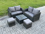 Fimous Rattan Sofa Set Outdoor Garden Furniture Set with Square Coffee Table Loveseat Sofa 2 Small Footstool Dark Grey Mixed