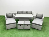 Fimous 9 PCs Rising Dining Table Set Rattan Furniture Set with 3 Seater Sofa Chair 2 Big Footstools 2 Small Footstools Side Table Light Grey
