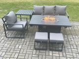 Fimous Aluminium 6 Pieces Garden Furniture Sofa Set with Cushions Gas Fire Pit Dining Table Set with 2 Small Footstools Side Table Dark Grey