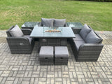 Fimous Outdoor Sofa Rattan Garden Furniture Set Patio Gas Fire Pit Dining Table and Reclining Chair set with 2 Side Tables 2 Small Footstools Dark Grey Mixed