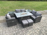 Fimous Outdoor Sofa Rattan Garden Furniture Set Patio Gas Fire Pit Dining Table and Reclining Chair set with 2 Side Tables 2 Small Footstools Dark Grey Mixed