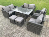 Fimous 8 Seater Dark Grey PE Wicker Rattan Garden Furniture Set Reclining Chair 2 Seater Love Sofa Set Outdoor Rectangular Dining Table 2 Stools