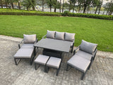 Fimous Aluminium Garden Furniture Sets 9 Seater Outdoor Sofa Set with Adjustable Rising Lifting Dining Table 2 Chairs 4 Footstools