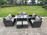 Fimous 8 Seater Dark Grey PE Wicker Rattan Garden Furniture Set Reclining Chair 2 Seater Love Sofa Set Outdoor Rectangular Dining Table 2 Stools