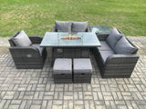 Fimous Rattan Garden Furniture Set with Gas Fire Pit Dining Table,Side Table and 2 Small Footstools Indoor Outdoor 7 piece Loveseat Sofa set