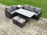 Fimous Outdoor Rattan Garden Furniture Sets Height Adjustable Rising lifting Dining Table Lounge Sofa Set With Side Table 2 Small Footstools Dark Grey Mixed
