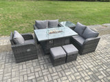 Fimous Rattan Garden Furniture Set with Gas Fire Pit Dining Table,Side Table and 2 Small Footstools Indoor Outdoor 7 piece Loveseat Sofa set