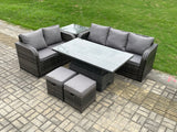 Fimous Outdoor Rattan Garden Furniture Sets Height Adjustable Rising lifting Dining Table Lounge Sofa Set With Side Table 2 Small Footstools Dark Grey Mixed