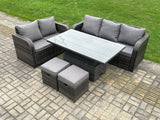 Fimous Outdoor Rattan Garden Furniture Sets Height Adjustable Rising lifting Dining Table Lounge Sofa Set With Love Sofa 2 Small Footstools Dark Grey Mixed