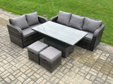 Fimous Outdoor Rattan Garden Furniture Sets Height Adjustable Rising lifting Dining Table Lounge Sofa Set With Love Sofa 2 Small Footstools Dark Grey Mixed