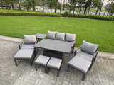 Fimous Aluminium Garden Furniture Sets 9 Seater Outdoor Sofa Set with Adjustable Rising Lifting Dining Table 2 Chairs 4 Footstools Side Table