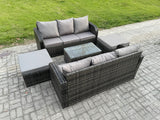 Fimous Outdoor Garden Furniture Sets 8 Seater Wicker Rattan Furniture Sofa Sets with Rectangular Coffee Table 3 Seater Sofa 2 Big Footstool Dark Grey Mixed