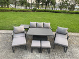 Fimous Aluminium Garden Furniture Sets 9 Seater Outdoor Sofa Set with Adjustable Rising Lifting Dining Table 2 Chairs 4 Footstools Side Table