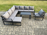 Fimous Aluminium Patio Outdoor Garden Furniture Lounge Corner Sofa Set with Oblong Coffee Table Big Footstool Chair Dark Grey