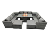 Fimous Rattan Garden Furniture Firepit Dining Set Outdoor 10 Seater Patio with Glass Top Dining Table 2 Side Tables