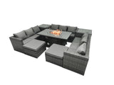 Fimous Rattan Garden Furniture Firepit Dining Set Outdoor 10 Seater Patio with Glass Top Dining Table 2 Side Tables