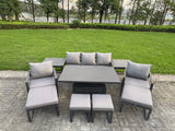 Fimous Aluminium Garden Furniture Sets 9 Seater Outdoor Sofa Set with Adjustable Rising Lifting Dining Table 2 Chairs 4 Footstools 2 Side Tables
