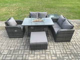 Fimous Patio Rattan Garden Furniture Set with Gas Fire Pit Dining Table,Big Footstool and Side Table Indoor Outdoor 6 piece Love Sofa set