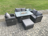 Fimous Patio Rattan Garden Furniture Set with Gas Fire Pit Dining Table,Big Footstool and Side Table Indoor Outdoor 6 piece Love Sofa set