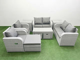 Fimous 9 Seater Outdoor Reclining Chair Love Sofa Set Rattan Garden Furniture Set with Oblong Coffee Table 3 Stools 2 Side Table Light Grey