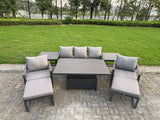Fimous 8-Piece Aluminium Garden Furniture Sets 7 Seater Outdoor Sofa Set with Adjustable Rising Lifting Dining Table 2 Chairs 2 Big Footstools 2 Side Tables