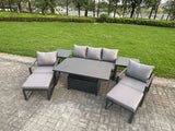 Fimous 8-Piece Aluminium Garden Furniture Sets 7 Seater Outdoor Sofa Set with Adjustable Rising Lifting Dining Table 2 Chairs 2 Big Footstools 2 Side Tables