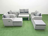Fimous 8 Seater Outdoor Reclining Chair Love Sofa Set Rattan Garden Furniture Set with Oblong Coffee Table 2 Big FootStools  Side Table Light Grey