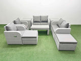 Fimous 8 Seater Outdoor Reclining Chair Love Sofa Set Rattan Garden Furniture Set with Oblong Coffee Table 2 Big FootStools  2 Side Table Light Grey
