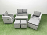 Fimous Light Grey PE Wicker Rattan Garden Furniture Set Sofa Set Reclining Adjustable Chair Oblong Coffee Table 7 Seater 3  Stools