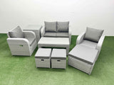 Fimous Light Grey PE Wicker Rattan Garden Furniture Set Sofa Set Reclining Adjustable Chair Oblong Coffee Table 7 Seater 3  Stools Side Table