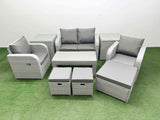Fimous Light Grey PE Wicker Rattan Garden Furniture Set Sofa Set Reclining Adjustable Chair Oblong Coffee Table 7 Seater 3  Stools 2 Side Table