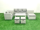 Fimous Rattan Garden Furniture Set Outdoor Lounger Sofa with Coffee Table 3 Footstools 2 Side Tables Light Grey Mixed 7 Seater