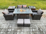 Fimous Outdoor Garden Dining Sets 6 Seater Rattan Patio Furniture Sofa Set with Gas Firepit Table 2 Small Footstools 2 Side Tables Dark Grey Mixed
