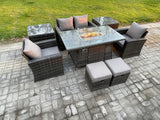 Fimous Outdoor Garden Dining Sets 6 Seater Rattan Patio Furniture Sofa Set with Gas Firepit Table 2 Small Footstools 2 Side Tables Dark Grey Mixed