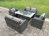 Fimous 6 Seater Dark Grey PE Wicker Rattan Garden Furniture Set Reclining Chair 2 Seater Love Sofa Set Outdoor Rectangular Dining Table