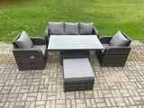 Fimous 6 Seater Rattan Outdoor Garden Furniture Sets Height Adjustable Rising lifting Dining Table Lounge Sofa Set With Big Footstool Dark Grey Mixed