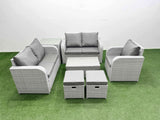 Fimous High Back Poly Rattan Garden Furniture Set with Reclining Chair Loveseat Sofa Rectangular Coffee Table Indoor Outdoor Patio  Set 2 Stool Side Table Light Grey