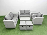 Fimous High Back Poly Rattan Garden Furniture Set with Reclining Chair Loveseat Sofa Rectangular Coffee Table Indoor Outdoor Patio  Set 2 Stool 2 Side Table Light Grey