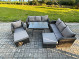 Fimous Rattan Garden Furniture Dining Set 9 seater Patio Rectangular Table 2 Big Footstool Dark Grey Mixed