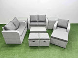 Fimous High Back Poly Rattan Garden Furniture Set with Reclining Chair Loveseat Sofa Rectangular Coffee Table Indoor Outdoor Patio  Set 3 Stools 2 Side Table Light Grey